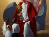 San Pio X permette la comunione ai bambini e trionfa sul modernismo, sotto lo sguardo delle Vergine Maria. Dipinto della Cappella S.Pio X nella Cattedrale alla Immacolata Concezione di Kansas City in Missouri (USA).