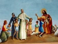 Pio X porta bambini a Gesù con suora di Maria Bambina - affresco di Licini (1953) restaurato da Giuseppe Pupi (1979) nell'asilo di Bojon di Campoolongo M. (Ve)